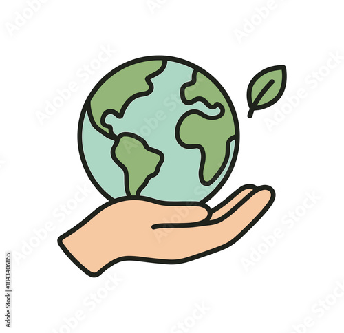 Flat vector illustration of hand holding earth icon soft rounded shapes clean outline zero waste eco lifestyle style