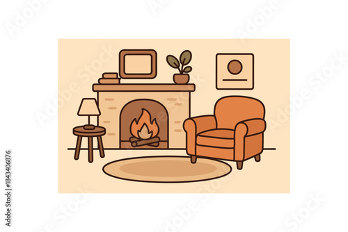 Flat vector illustration of cozy living room with fireplace armchair and rug soft rounded shapes clean outline home comfort style