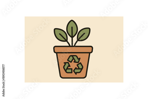 Flat vector illustration of plant pot made from recycled materials soft rounded shapes clean outline zero waste eco lifestyle style