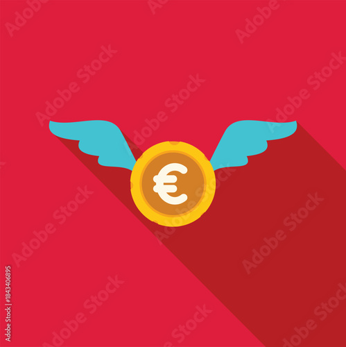 Euro currency coin with blue wings representing money loss and financial spending