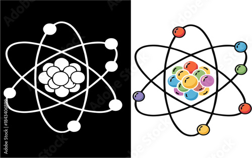 Dual atom models sleek monochrome outline and vibrant colorful rendition, depicting atomic structure for science and physics concepts
