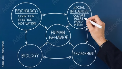a conceptual diagram of human behavior, showing how psychology, biology, social influence, and environment are interconnected. A hand is drawing the diagram, emphasizing analysis, research, and unders