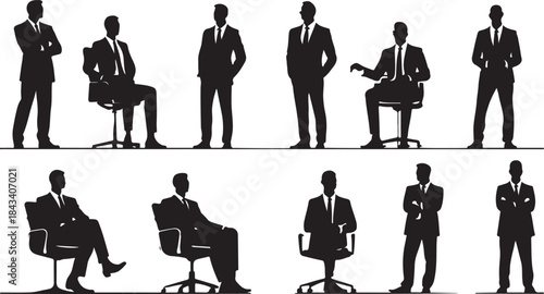 Silhouettes of businessmen in various poses on white background vector illustration