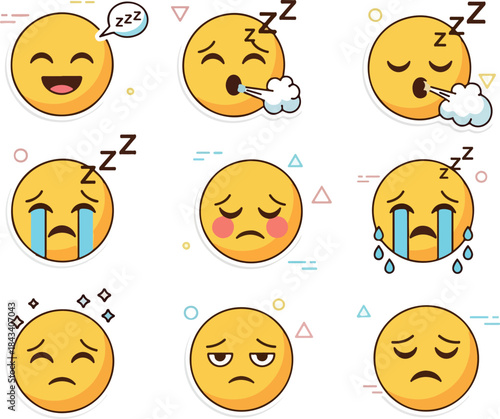 Collection of Cartoon Sleeping and Sad Emoji Faces Expressing Various Emotions