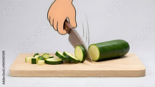 Fresh Cucumber Being Sliced on Cutting Board.