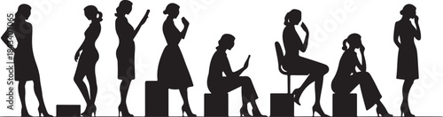 Silhouette of women in various poses using smartphones on white background Keywords: silhouette, women, female, people, group, standing, sitting, smartphone, mobile phone, technology