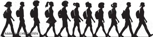Silhouettes of children walking with backpacks on white background horizontal vector