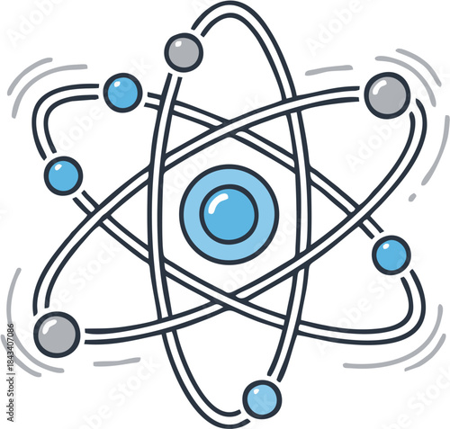Vibrant hand-drawn illustration depicting a classic atomic model with electrons orbiting a central nucleus, symbolizing fundamental concepts in physics, chemistry, and scientific discovery