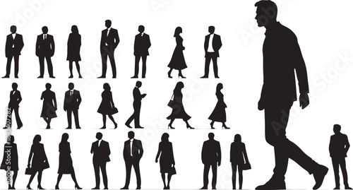 Silhouettes of Men and Women in Formal Business Attire in Various Poses people woman