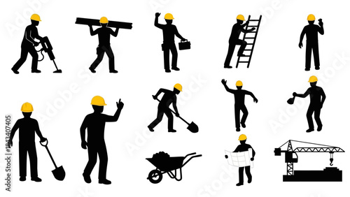 Construction Workers Silhouettes Performing Various Building Tasks at a Job Site