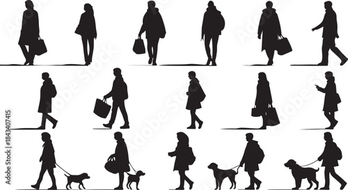 Silhouettes of People Walking with Bags and Dogs in Different Poses carrying bag shopping bag