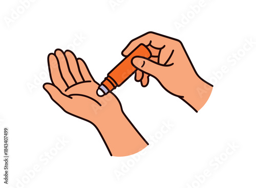 Flat vector illustration of bright aromatherapy roller bottle hand applying to wrists rounded shapes clean outline clean white background