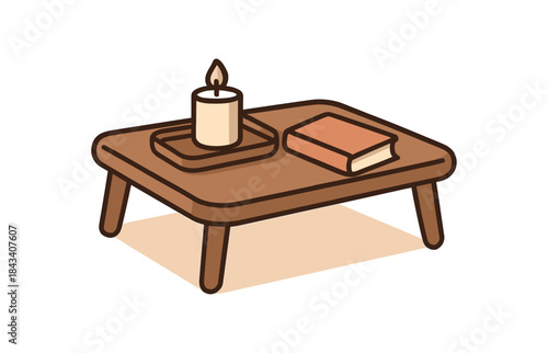Flat vector illustration of coffee table with tray candle and book soft rounded forms clean outline home comfort style