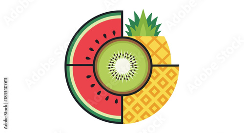 geometric tropical fruit chart with kiwi watermelon and pineapple slices in flat vector style ideal for juice branding and infographic design