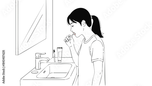 Line drawing of a young woman brushing her teeth in front of a bathroom sink with a mirror and toiletries on the counter.