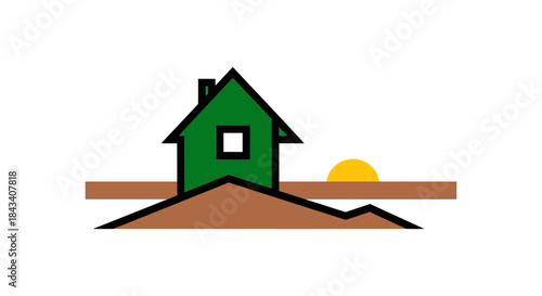 green house icon on hill at sunset minimalist real estate logo design for eco friendly property construction and housing branding