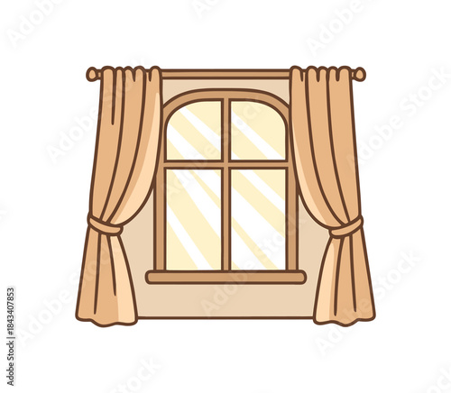 Flat vector illustration of soft curtains and sunlight beams through window soft rounded shapes clean outline home comfort style