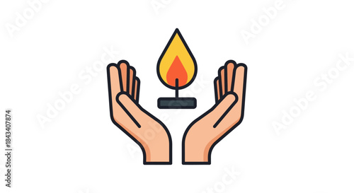 hands holding sacred flame icon minimalist flat line illustration of spiritual care hope prayer and charity concepts for faith design