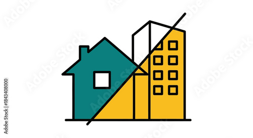 home and apartment real estate comparison icon showing house versus city building ideal logo for property investment and mortgage services