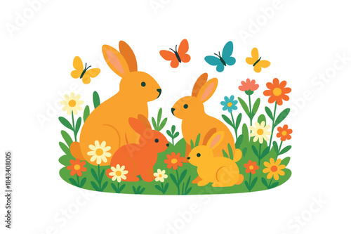 Flat vector illustration of colorful rabbit family meadow with vivid daisies and butterflies rounded shapes minimal details clean white background