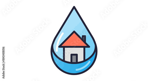 home insurance icon with house inside blue water drop symbolizing flood protection and property safety for real estate services