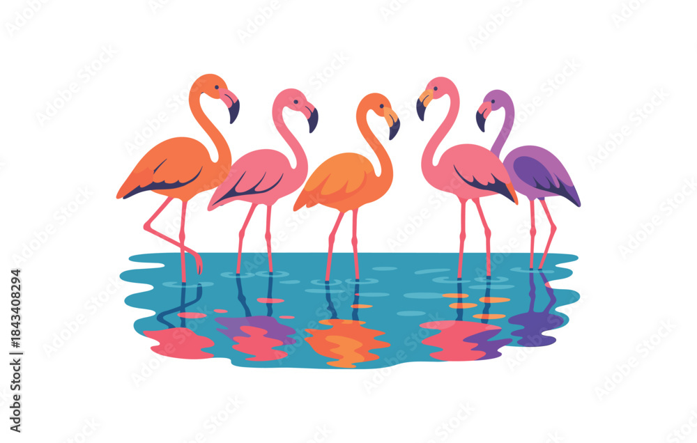 Obraz premium Flat vector illustration of colorful flamingos standing shallow water with vivid reflections rounded forms clean outline