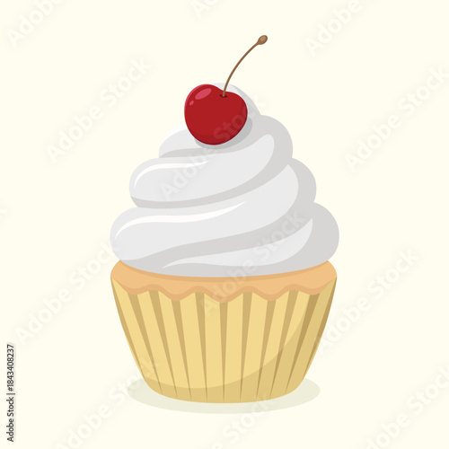Cute delicious cupcake with cream and cherry. Dessert vector illustration.