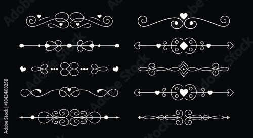 Elegant White Calligraphy Love Divider Vector Set on Black Background | Romantic Heart and Infinity Symbol Swirl Design Elements