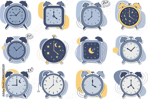 Alarm Clock Icons Set Diverse Sleep Schedules and Wake-Up Time Concepts