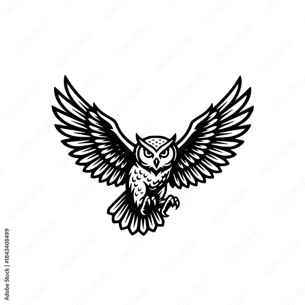 Obraz premium ​Majestic Owl Line Art. Black and White Vector Icon for Logo, Wisdom Mascot, Night Predator Symbol, Detailed Feathers, or Educational/Stealth Branding generative ao 