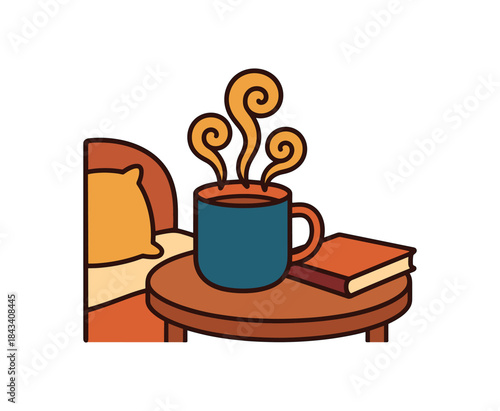 Flat vector illustration of colorful evening tea mug on bedside table with bold steam curls and book rounded shapes clean outline clean white background