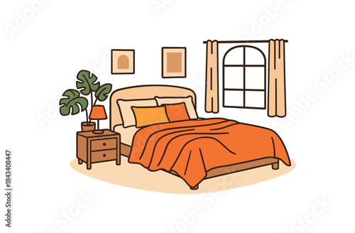 Flat vector illustration of bright cozy bedroom with neatly made bed vivid pillows and blanket folds rounded shapes clean outline clean white background healthy sleep routine