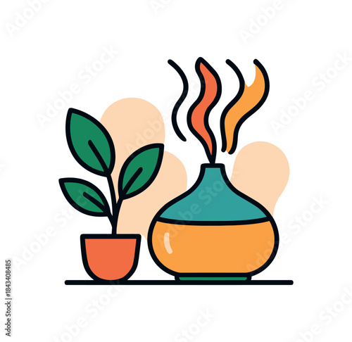 Flat vector illustration of colorful diffuser releasing bold aroma waves beside plant rounded shapes clean outline clean white background