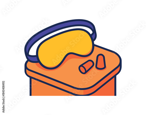 Flat vector illustration of bright sleep mask and earplugs set on bedside vivid tones rounded shapes clean outline clean white background