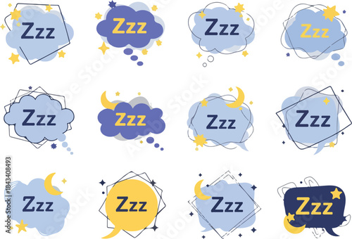 Dreaming Sleep Symbols Comic Speech Bubbles with Zzz and Moon Icons