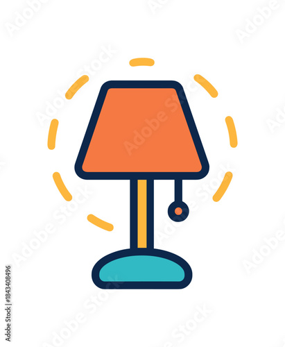 Flat vector illustration of colorful bedside lamp switching to dim mode with bold glow lines rounded shapes clean outline clean white background