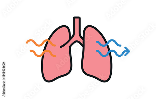 Flat vector illustration of bright breathing exercise visual: lungs icon with bold slow inhale/exhale waves rounded shapes clean outline clean white background