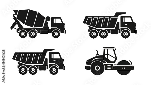 Set of industrial construction vehicles for building, roadwork, and infrastructure projects