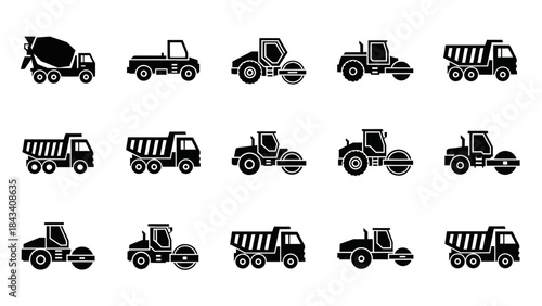Heavy Construction Vehicle Icons Collection: Dump Trucks, Cement Mixers, and Road Rollers