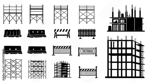 Construction site safety and building development elements: scaffolding, barriers, and structural frameworks silhouettes.