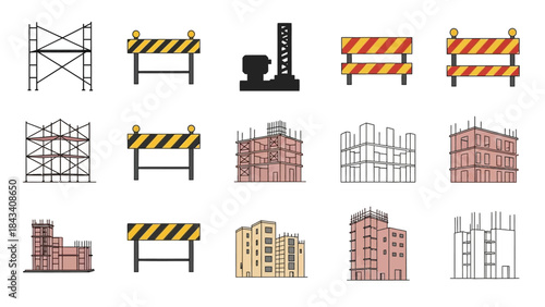 Building Site Development Icons: Scaffolding, Barriers, and Urban Construction Elements