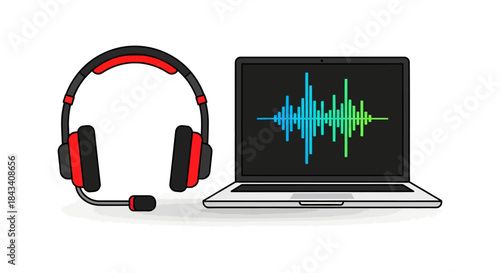 laptop with colorful audio waveform on screen and gaming headset with microphone illustrating online podcast voice chat and streaming
