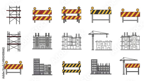 Building and Development Process: Construction Site Elements Icon Collection