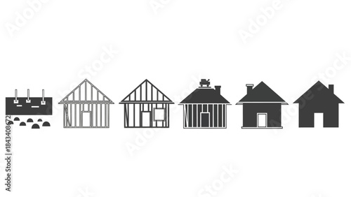 Stages of home construction: from foundation to complete house outline illustration