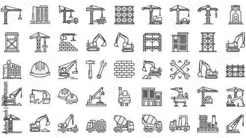 Diverse Set of Construction Industry Outline Icons: Building, Tools, and Equipment