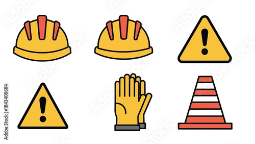 Collection of Essential Safety Gear, Warning Signs, and Construction Site Icons