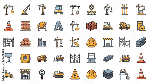 Collection of diverse construction site icons showcasing building tools and equipment