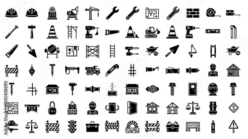 Comprehensive Set of Construction Industry Icons: Tools, Building Elements, and Safety Symbols