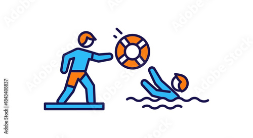 lifeguard throwing lifebuoy to drowning swimmer in water flat safety icon for beach rescue emergency response and water safety posters