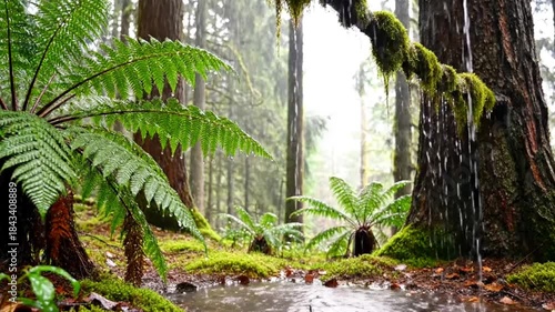 Lush green rainforest floor scene featuring vibrant ferns mossy tree trunks and dripping water creating a tranquil atmosphere
